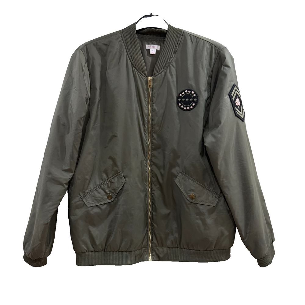 Xhilaration Bomber Jacket Size XL Green Embroidered Full zip y2k militar